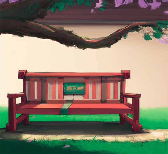 Illustration d'un beau banc japonais rouge installé le long d'une allée sous un arbre.