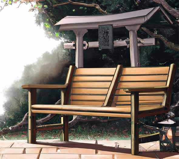 Illustration d'un beau banc japonais installé sur une allé en pierre devant un Torii