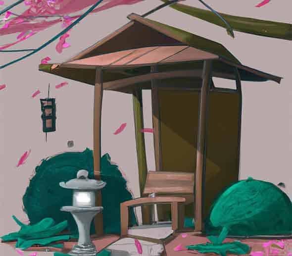 Illustration d'une zone zen ou de méditation d'un jardin avec un banc japonais.