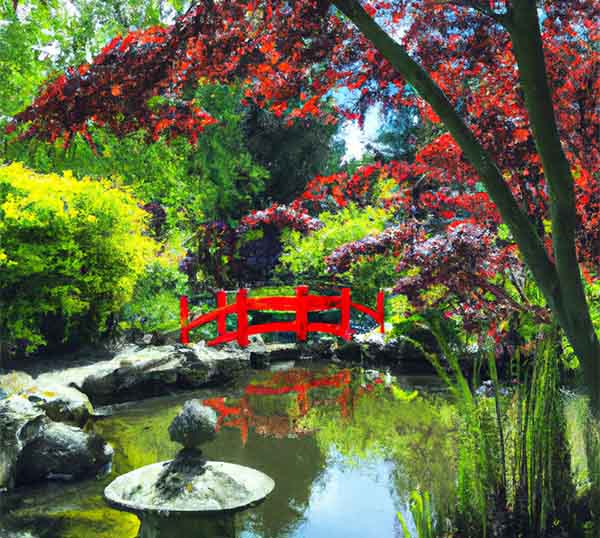 Jardin japonais traditionnelle (eau, pont , lanternes ...)