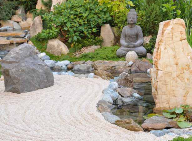 Petit jardin japonais de type jardin sec avec du sable , des pierres et une statue de bouddha et un peu de plantes japonaises