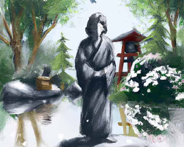Une belle illustration d'une statue japonais dans un jardin japonais