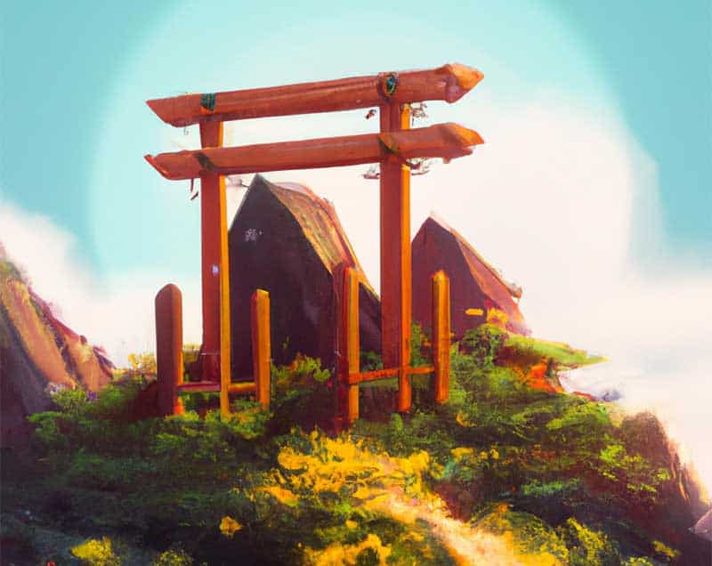 Illustration d'un Torii au milieu d'un paysage japonais