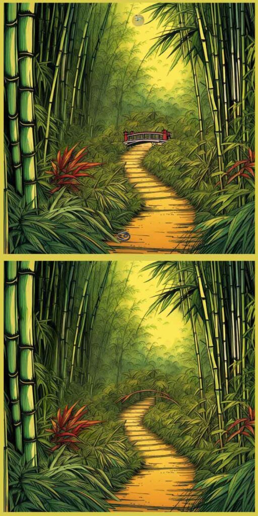 Jeu des 7 différences dans une allée de bambou - mode portrait