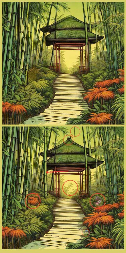Solution : Jeux des 7 différences dans ce jardin zen japonais (format portrait)