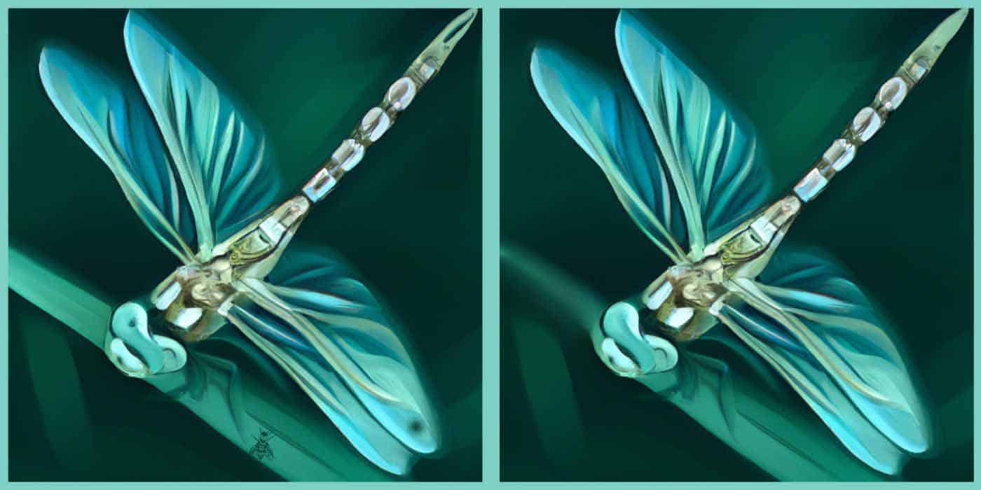 Jeu 7 différences avec deux illustrations de libellules (paysage)