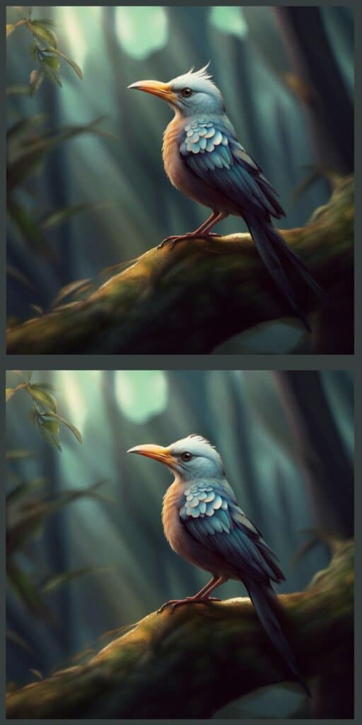 Jeu 6 différences dans ces images d'oiseau sur une branche d'arbre