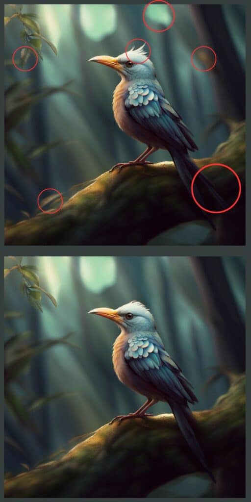 SOLUTION : Jeu 6 différences dans ces images d'oiseau sur une branche d'arbre