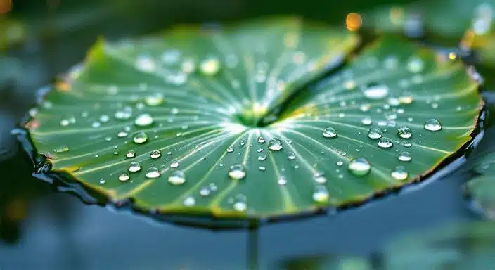 Gros plan sur des gouttes d'eau délicates sur un nénuphar dans un étang paisible.