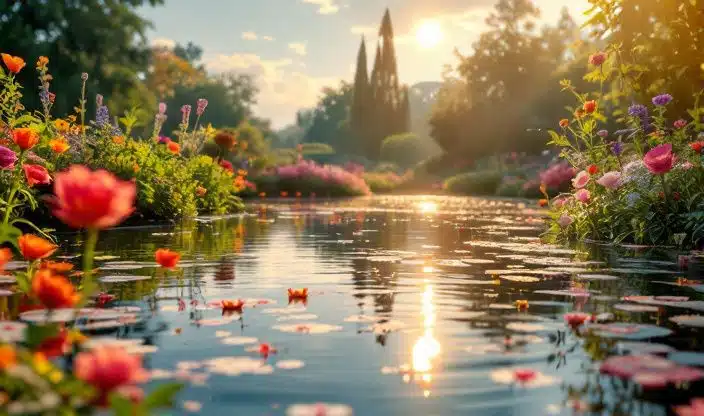 Un petit étang de jardin entouré de verdure vibrante et de fleurs colorées, baigné par une lumière dorée du soleil.