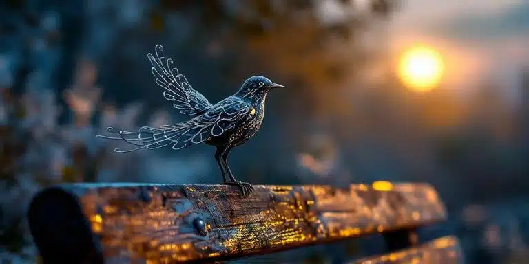 Un oiseau en fer forgé est délicatement posé sur un banc de jardin, illuminé par la douce lumière de l’aube.