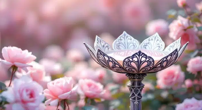 Un bain d'oiseaux en fer forgé richement décoré, entouré de rosiers en fleurs, évoquant une ambiance élégante et sereine.