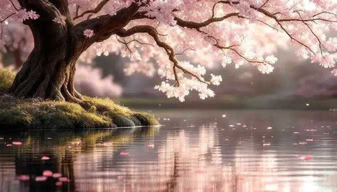 Reflet délicat d'un cerisier en fleurs sur l'eau calme d'un étang de jardin, avec des pétales dérivant sous une atmosphère zen.