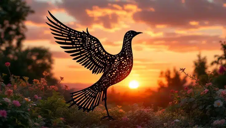 Silhouette d'un oiseau en métal aux ailes déployées, se détachant sur un ciel de coucher de soleil vibrant dans un jardin paisible.