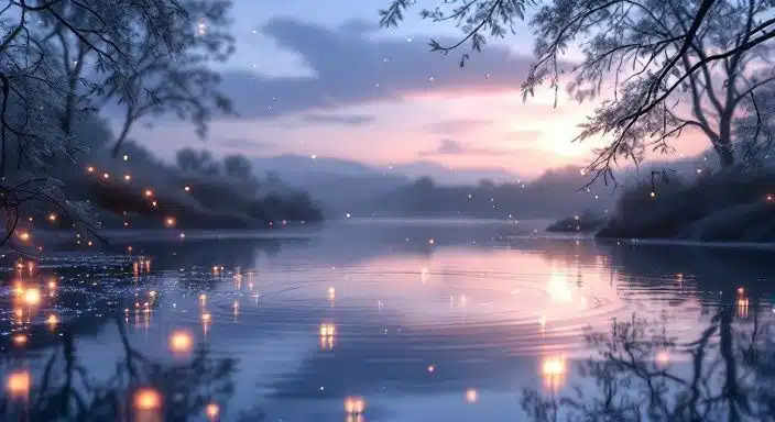 Un petit étang de jardin à la tombée de la nuit, illuminé par des lucioles, reflétant des ombres douces sous un ciel crépusculaire.