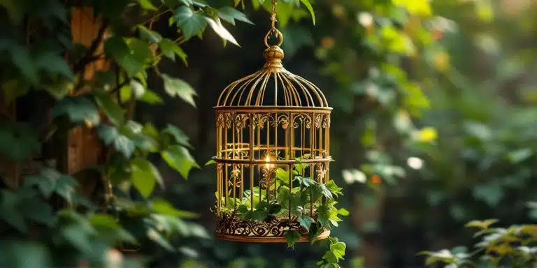 Une cage à oiseaux en fer forgé vintage, enlacée de lierre, embellit un coin de jardin tranquille dans des teintes sépia.