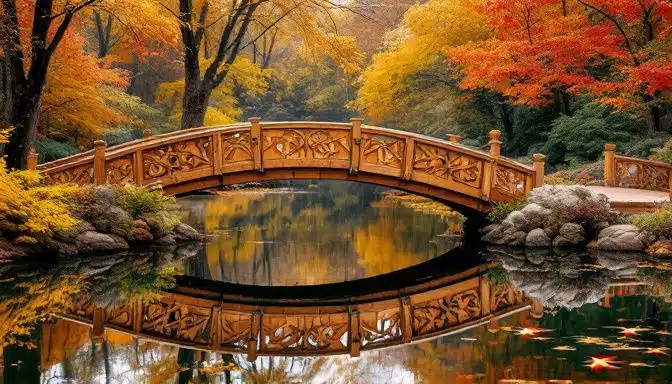 Un pont en bois pittoresque se reflète dans un étang de koi, entouré de couleurs automnales apaisantes.