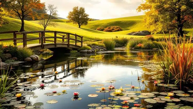 Un petit bassin de jardin entouré de pierres rustiques, avec un pont en bois et des plantes aquatiques dans un cadre idyllique.