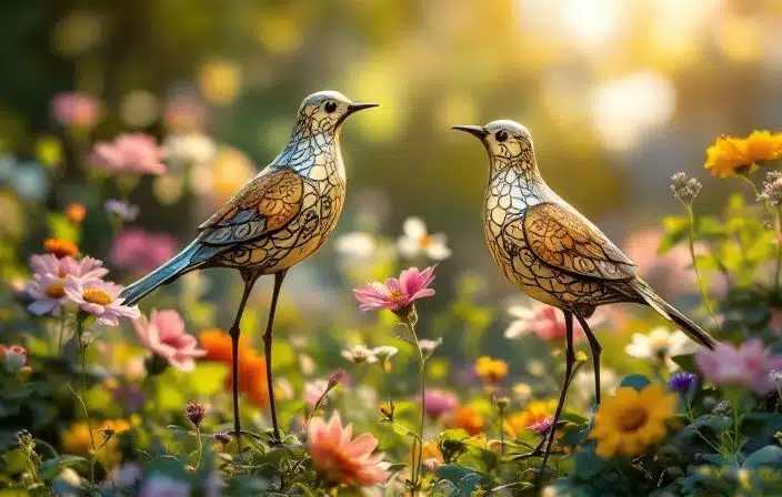 Des sculptures d'oiseaux en fer forgé se dressent parmi une vaste étendue de fleurs sauvages, dans une douce brise printanière.