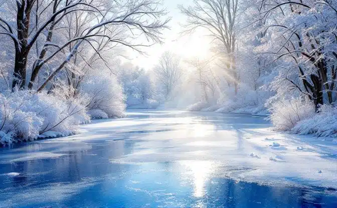 Matin d'hiver, étang gelé entouré de feuillage saupoudré de neige et rayons de soleil filtrant à travers les arbres.