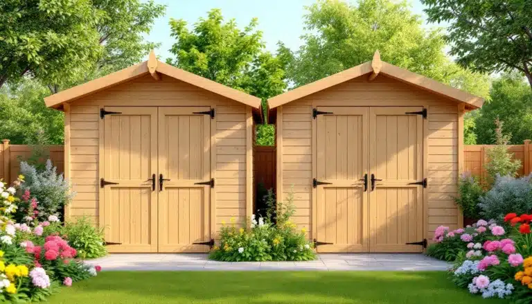 Abri de jardin en bois, agrémenté de plantes verdoyantes et d'un mobilier rustique.