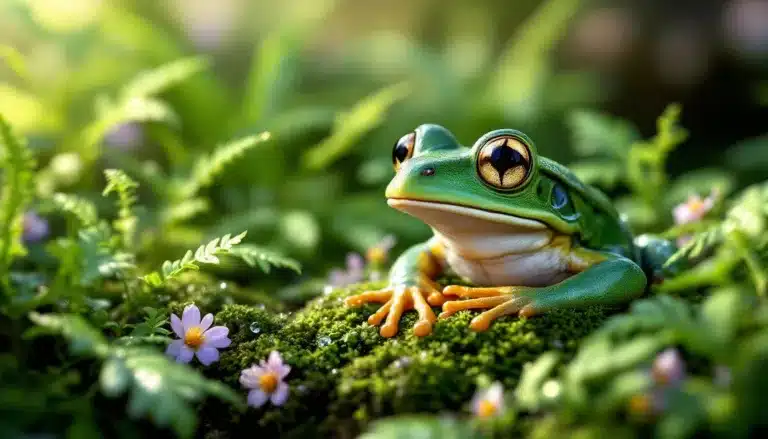 Grenouille épanouie s'épanouissant paisiblement dans un jardin verdoyant.