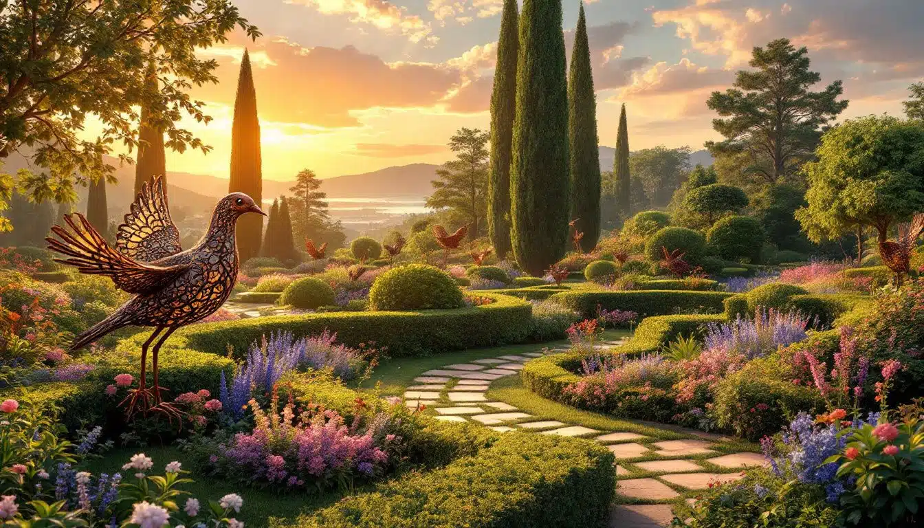 Un jardin paisible baigné dans la lumière douce du crépuscule.