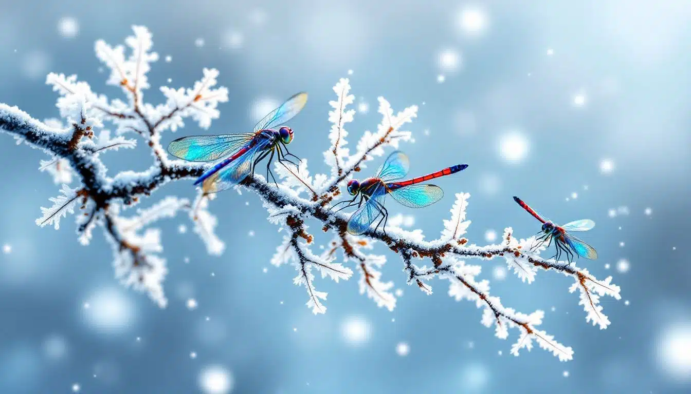 Des libellules se posent paisiblement sur un flocon de neige en hiver.