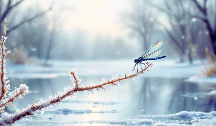 Une libellule hivernale posée sur une tige au bord d'un étang gelé.