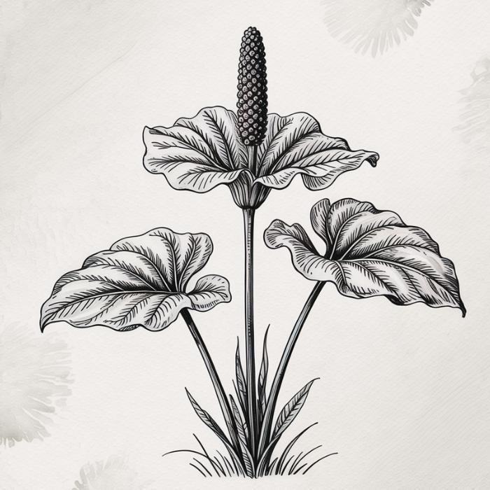 Illustration d’un Arum italicum (Arum d'Italie/Gouet d'Italie) (style dessin botanique vintage)