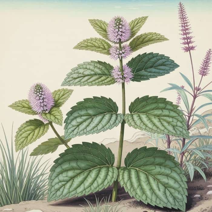 Illustration d’une plante Mentha aquatica/Menthe Aquatique (style dessin botanique vintage)