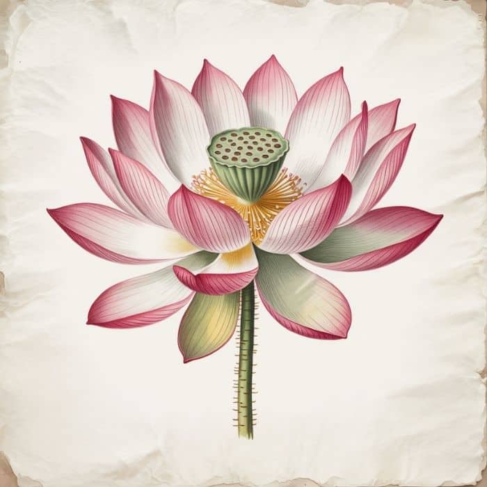 Illustration d’une plante Nelumbo nucifera/Lotus sacré (style dessin botanique vintage)