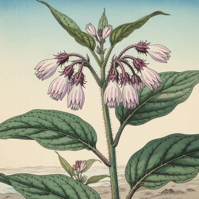 Illustration d’une plante Symphytum officinale - Consoude officinale (style estampe japonaise traditionnelle)