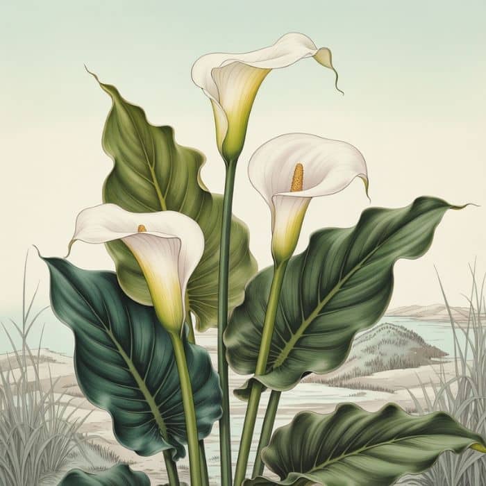 Illustration d’une Zantedeschia aethiopica/Arum blanc (style estampe japonaise traditionnelle)