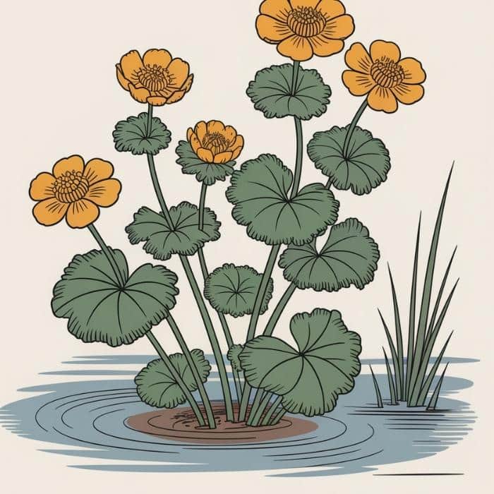 Illustration d’une Caltha palustris - Populage des marais (style estampe japonaise traditionnelle)