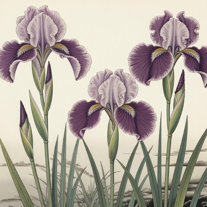 Illustration d’une Iris versicolor (style estampe japonaise traditionnelle)