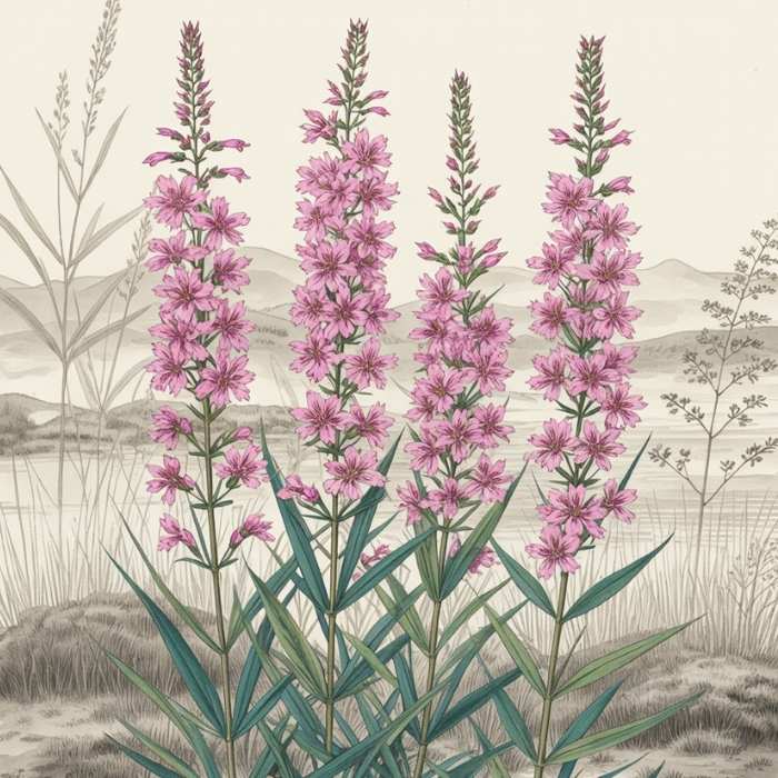 Illustration d’un Lythrum salicaria - Salicaire commune (style estampe japonaise traditionnelle)