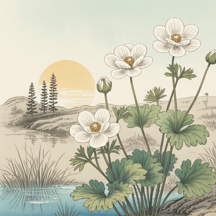Illustration d’une Ranunculus aquatilis - Renoncule aquatique (style dessin botanique vintage)