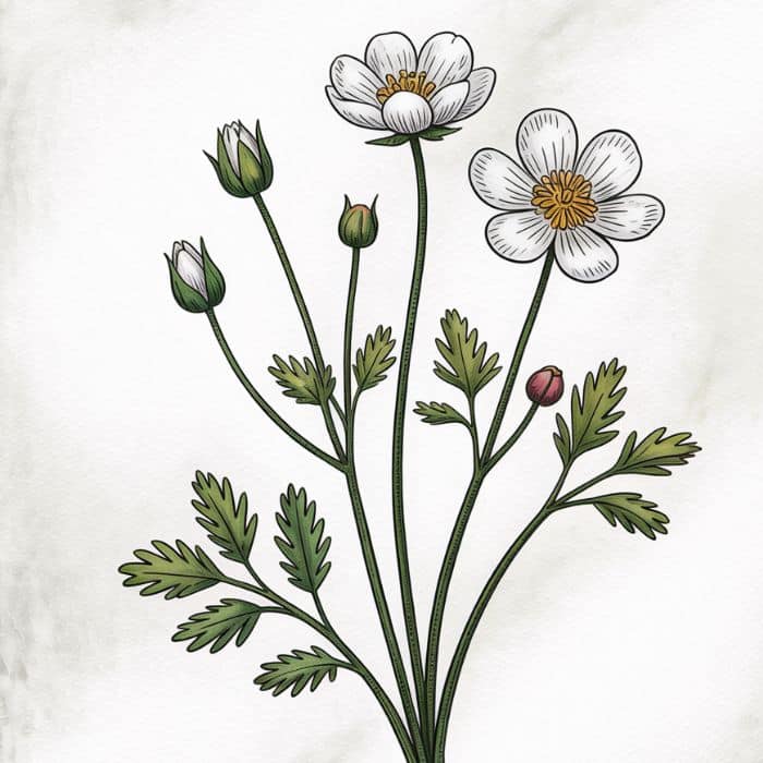 Illustration d’une Ranunculus aquatilis - Renoncule aquatique (style estampe japonaise traditionnelle)