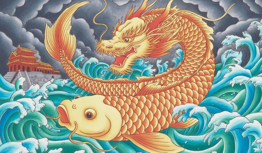 Illustration de la légende du koï et du dragon 