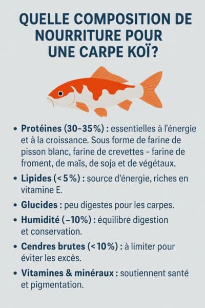 Infographie qui montre : Quelle composition de nourriture pour une carpe koï ?