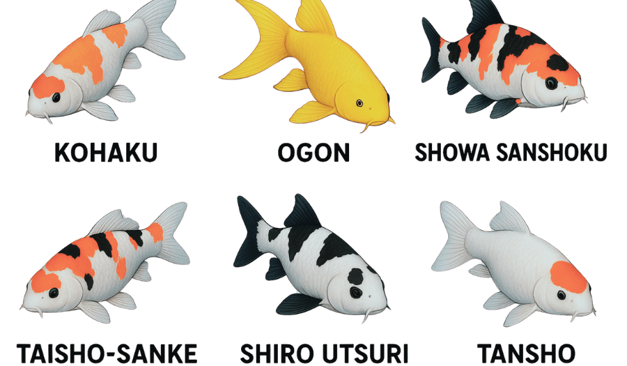 Les variétés de carpe koï ( Kohaku, Taisho Sanke, Showa Sanshoku, Tancho, Shiro Utsuri, Ogon, Asagi)