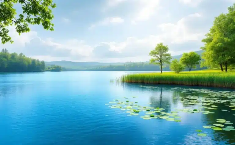 Un lac limpide bordé d’un étang paisible entouré de végétation.