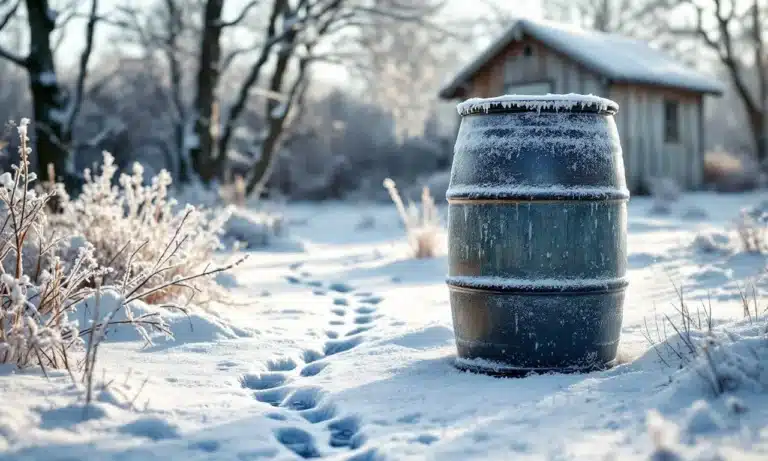 Un tonneau recouvert de givre posé dehors en hiver.