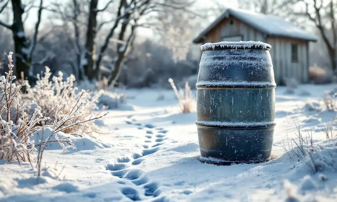 Un tonneau recouvert de givre posé dehors en hiver.
