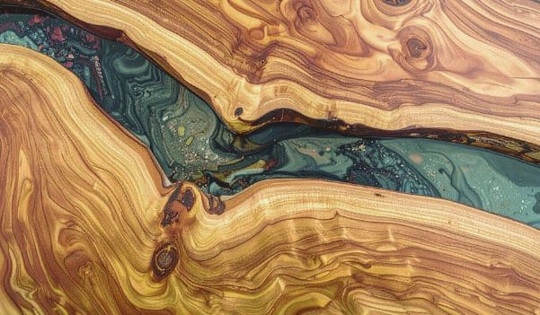 Zoom sur le plateau d'une table refaite en résine epoxy