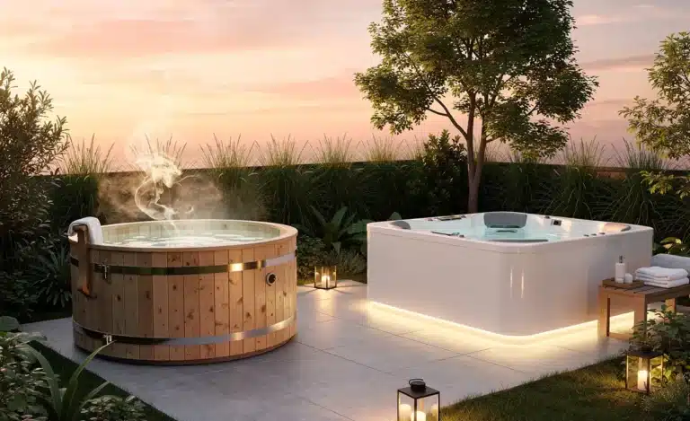 Un bain nordique en bois et un spa moderne sont installés côte à côte dans un jardin verdoyant au coucher du soleil, avec de la vapeur s’élevant doucement de l’eau.