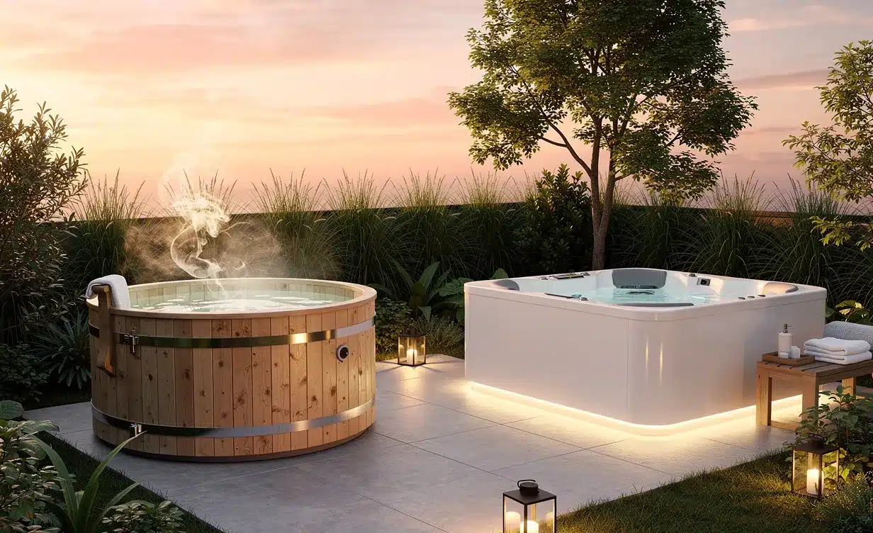 Un bain nordique en bois et un spa moderne sont installés côte à côte dans un jardin verdoyant au coucher du soleil, avec de la vapeur s’élevant doucement de l’eau.