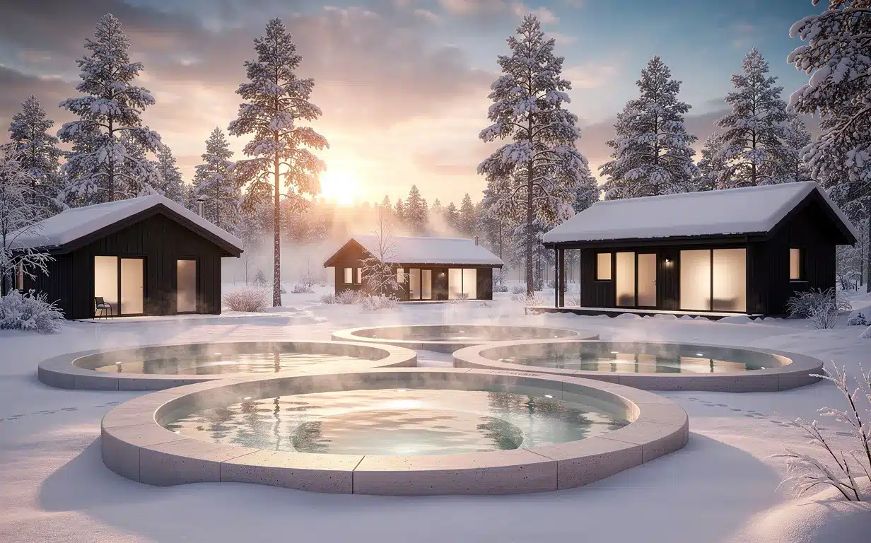 Sept bassins scandinaves élégants sont installés dans un paysage nordique enneigé, entourés de pins, de chalets en bois et baignés par la lumière d’un coucher de soleil hivernal.