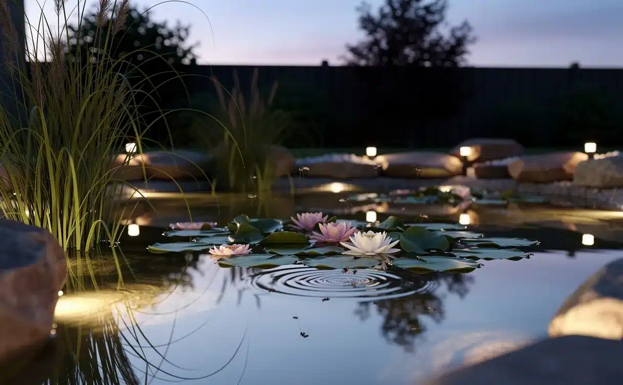 Un étang de jardin paisible au crépuscule avec des herbes hautes, des nénuphars et quelques moustiques survolant l’eau.